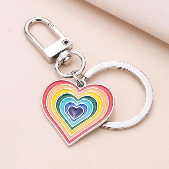 Rainbow Heart Charm Keychain Silver Plated Keyfob Multicolor - Picture 3 of 7
